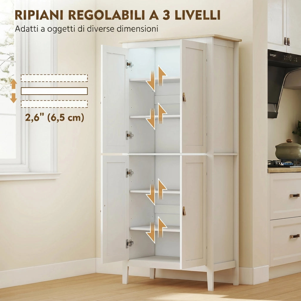 Credenza Cucina Alta 177 cm. Mobile Cucina con Luce LED. Dimmerabile a 3 Colori. Ripiani Regolabili. Bianco