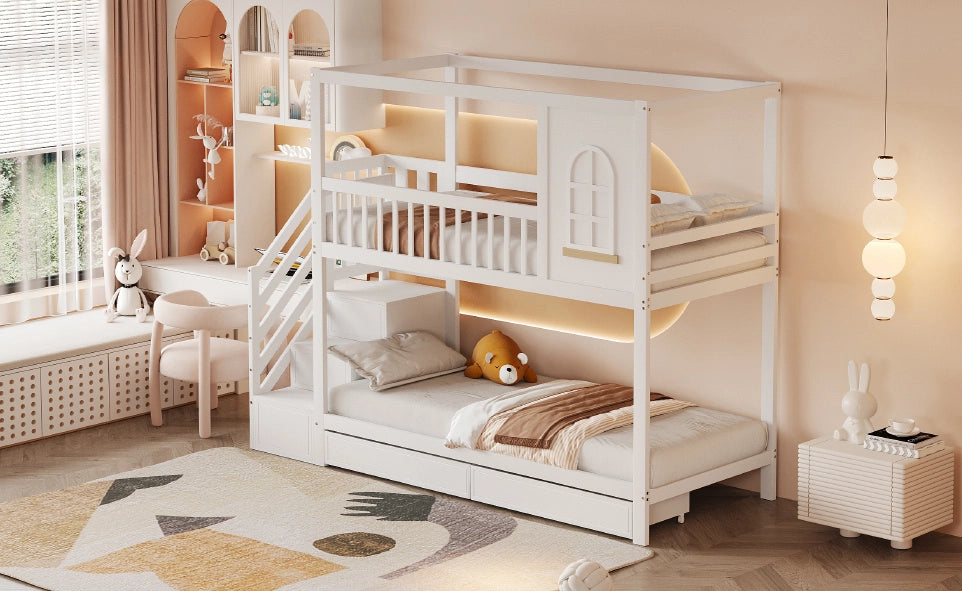 Letto a castello 90x200 cm con scala di sicurezza e cassetti in legno bianco