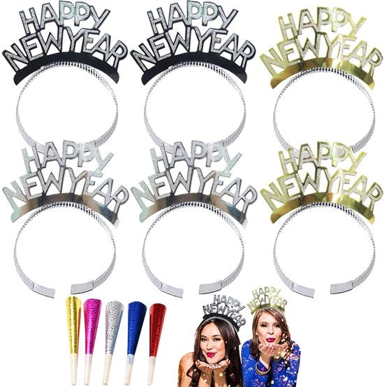 Set di decorazioni per l'anno nuovo 37 pezzi - Drappeggio dorato - Bandiera dell'anno nuovo - Lanciatore di felicità per l'anno nuovo - Palloncini per l'anno nuovo - Cintura per la testa per festa - Decorazione per l'anno nuovo