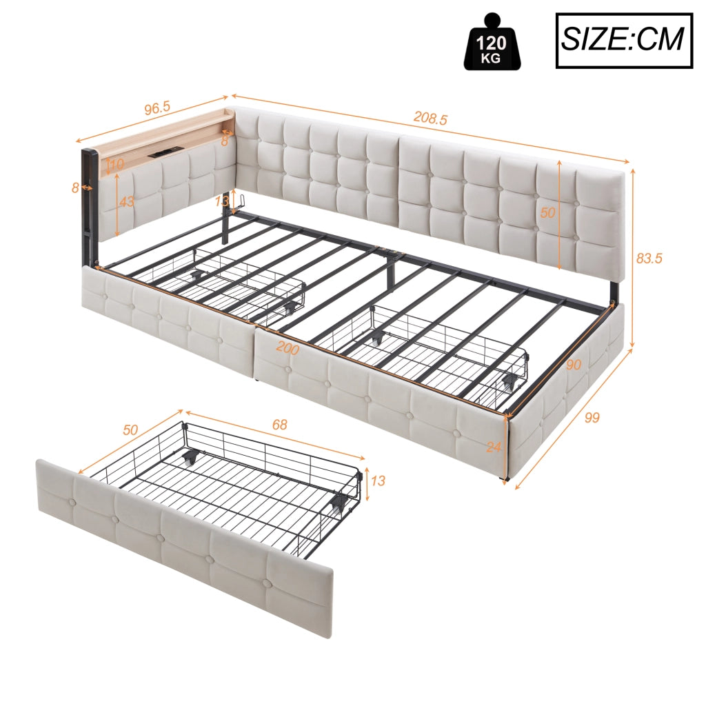 OKWISH Letto Divano 90×200 cm, Letto Singolo con 2 Cassetti, LED Regolabile e USB e Tipo C, senza Materasso, in Tessuto, Beige