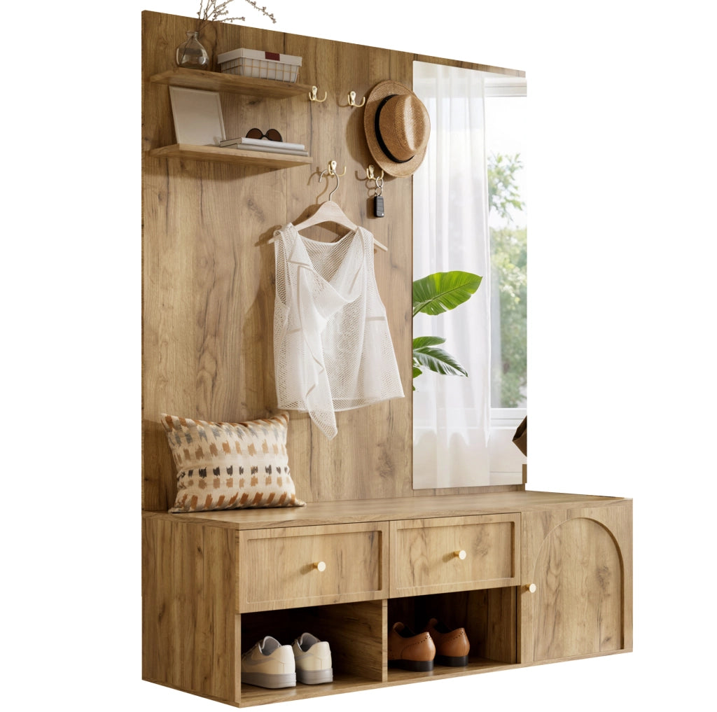 Guardaroba ingresso 120x35x159 cm con specchio; 5 ganci e 2 cassetti; effetto legno naturale