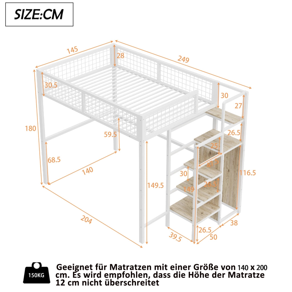 Letto a soppalco 140x200 cm in metallo bianco con scala, armadio e ripiani