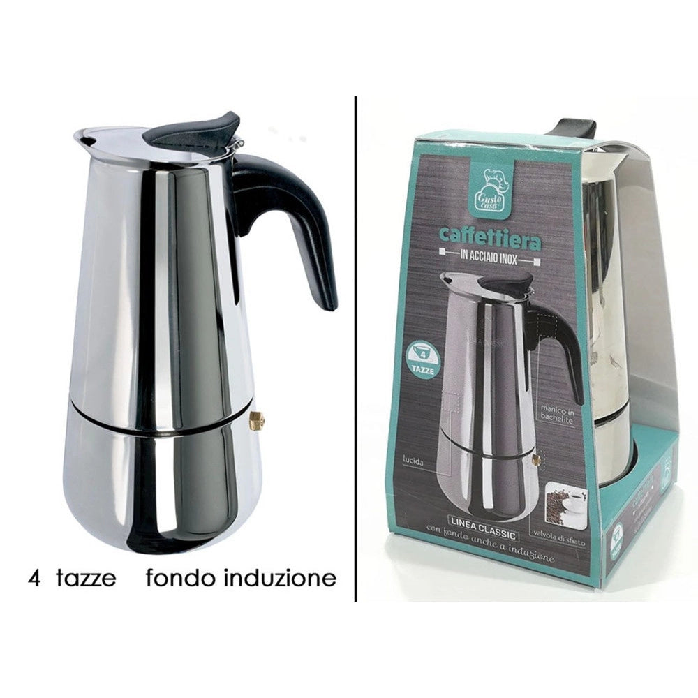 Trade Shop - Caffettiera Moka In Acciaio Inox Lucido Con Manico In Bachelite Da 4 Tazze Fondo Induzione -