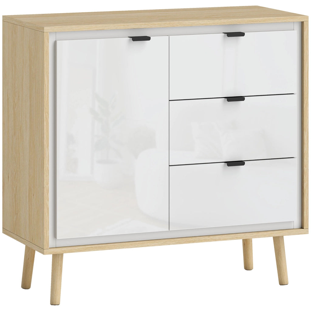 Credenza Moderna con 3 Cassetti e Armadietto Ante Lucide Bianco e Rovere