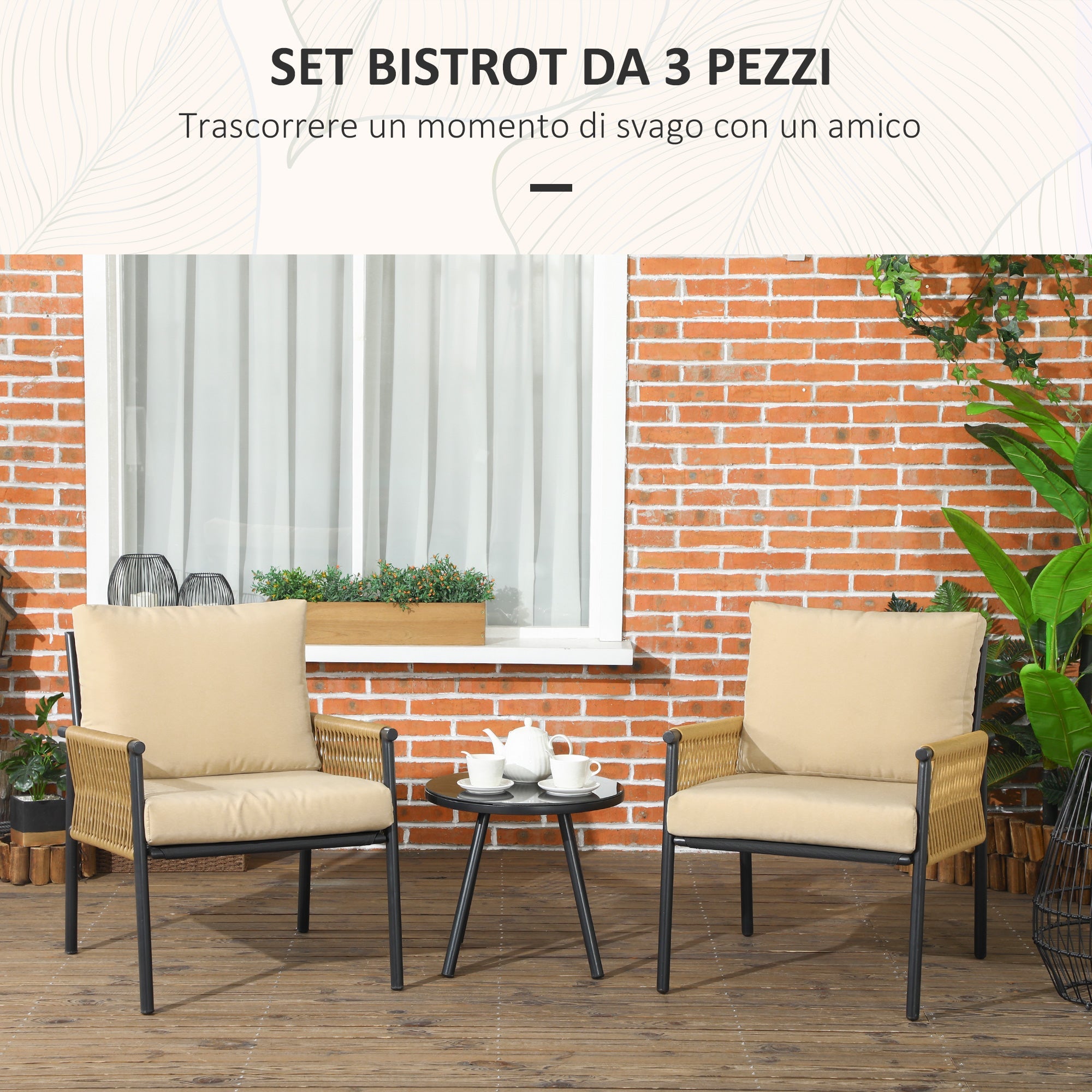 Set Tavolino e 2 Poltroncine con Cuscini da Giardino in Rattan PE Acciaio e Poliestere Beige