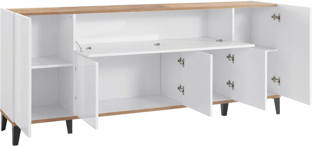 Credenza 4 Ante + 1 Anta Ribalta 200x40x82 cm Sunrise Bianco Lucido e Acero Pereira