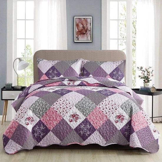 Bedsprei 220x240 Patchwork Gewatteerde Bloemenpatroon Gewatteerde Microvezel Geruite con 2 Copri Orizzontali 50x75 (Rosso Viola)