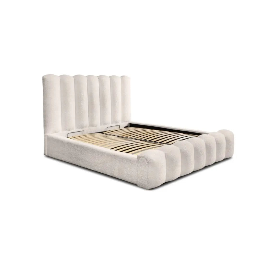 Letto contenitore BADJA – Tessuto bouclé Avorio rosato – 180x200 cm – Rete sollevabile – Design di alta gamma