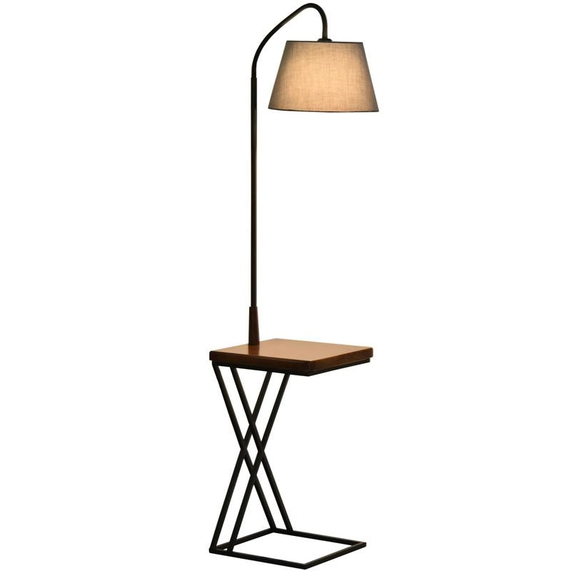 LAMPADA DA TERRA CON RIPIANO E CARICATORE WIRELESS IN ACCIAIO E LEGNO