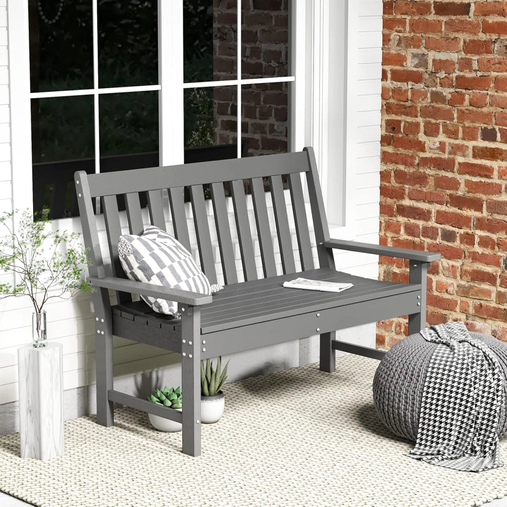 Panca da Giardino per 2 Persone in Plastica con Schienale Alto, Panca da Esterno Resistente alle Intemperie, Ideale per Parco, Patio e Terrazza, Grigio, 132 x 65 x 91 cm