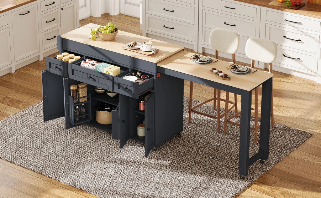 Carrello da cucina con piano estraibile, 3 cassetti, per cucina, grigio, 137-190,6 × 45,2 × 92 cm