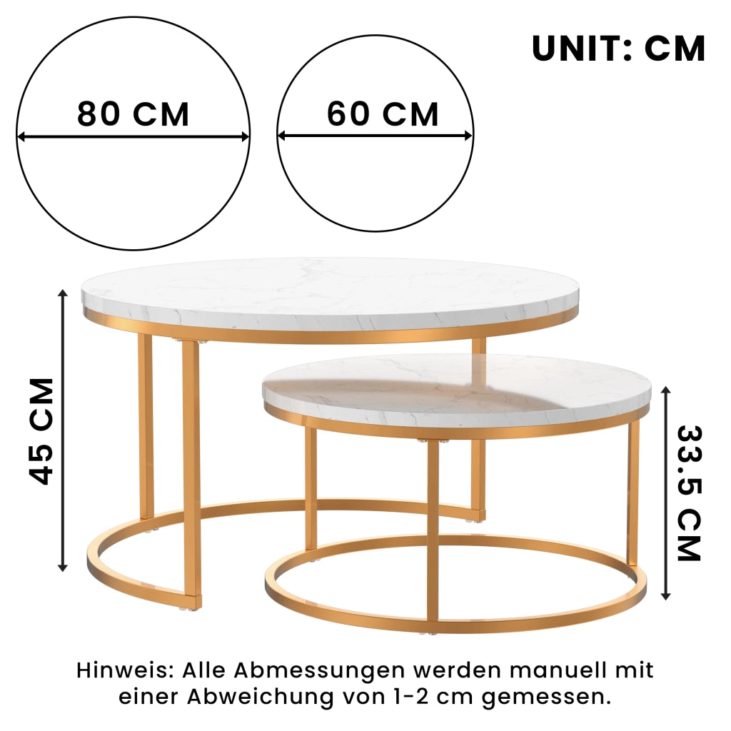 Set di 2 tavolini da salotto impilabili 80x45 cm e 60x33,5 cm bianco e oro effetto marmo