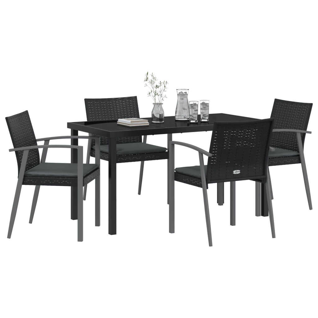 Set da Pranzo da Giardino in 5 Pezzi con Cuscini Nero in Polyrattan