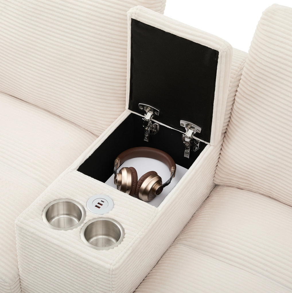 Divano modulare a U con contenitore; 2 porte USB e portabicchieri; 293x142x93 cm; beige