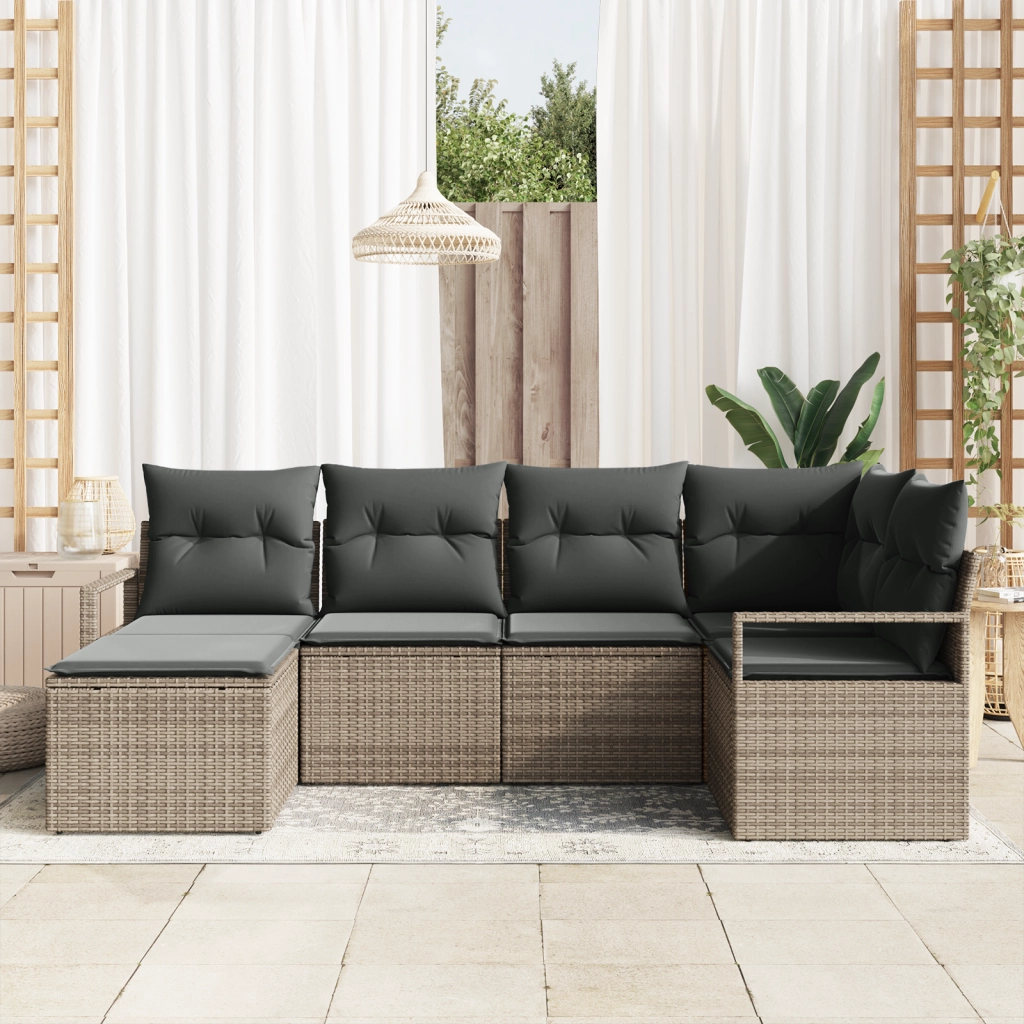 Set Divano da Giardino 6 Pezzi con Cuscini Grigio in Polyrattan