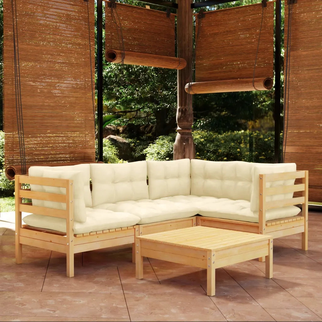 Set Salotto da Giardino 5pz con Cuscini Crema in Legno di Pino 3096376