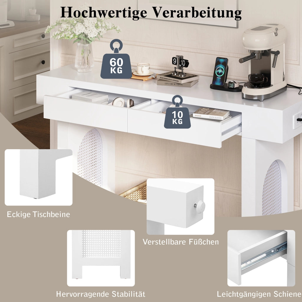 Consolle in MDF con 2 cassetti e presa integrata, design a griglia, per ingresso e soggiorno, bianco, 120 × 35,5 × 76,5 cm