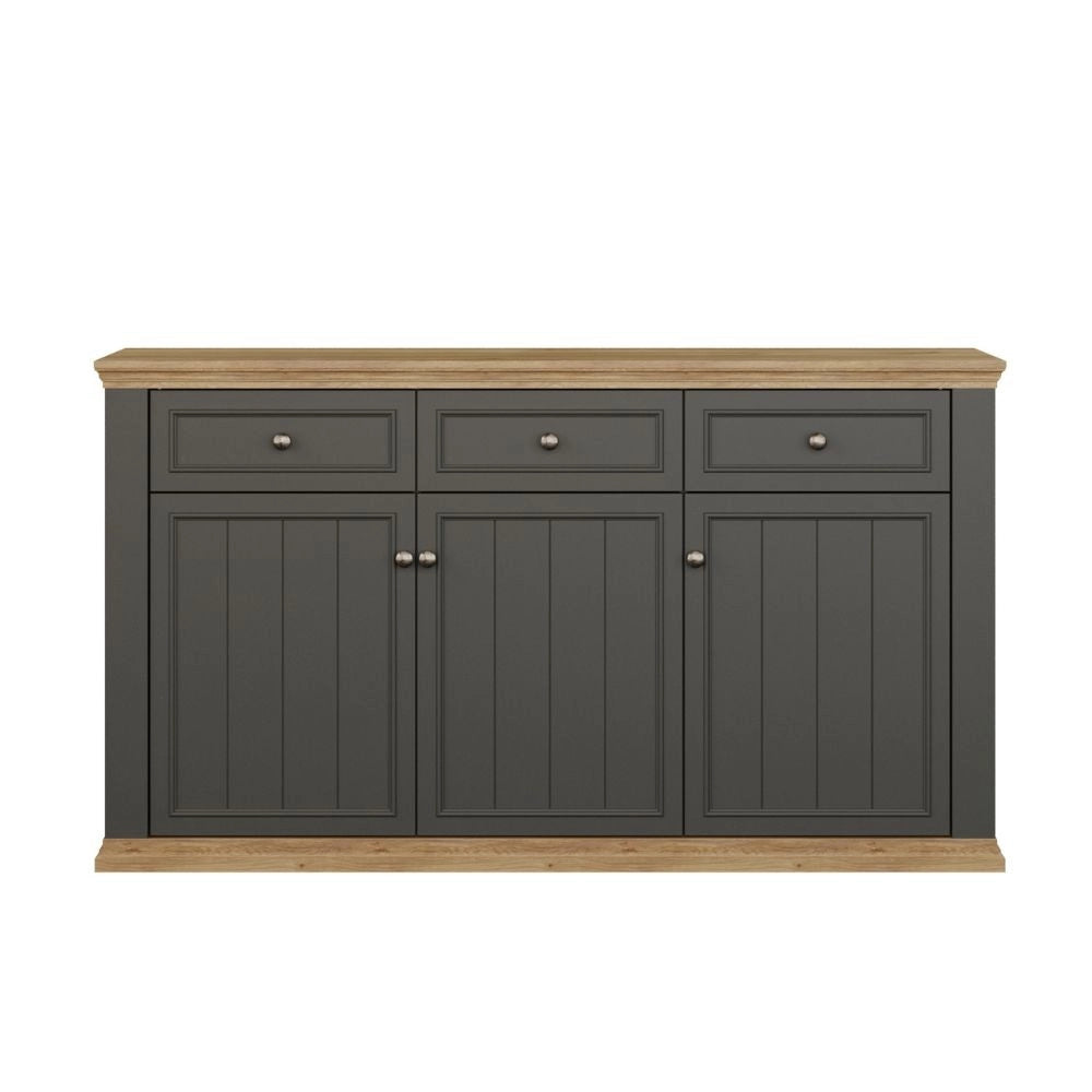 Madia Essenza 3 Ante e 3 Cassetti Grigio Scuro e Rovere 169 cm – Stile Classico Moderno