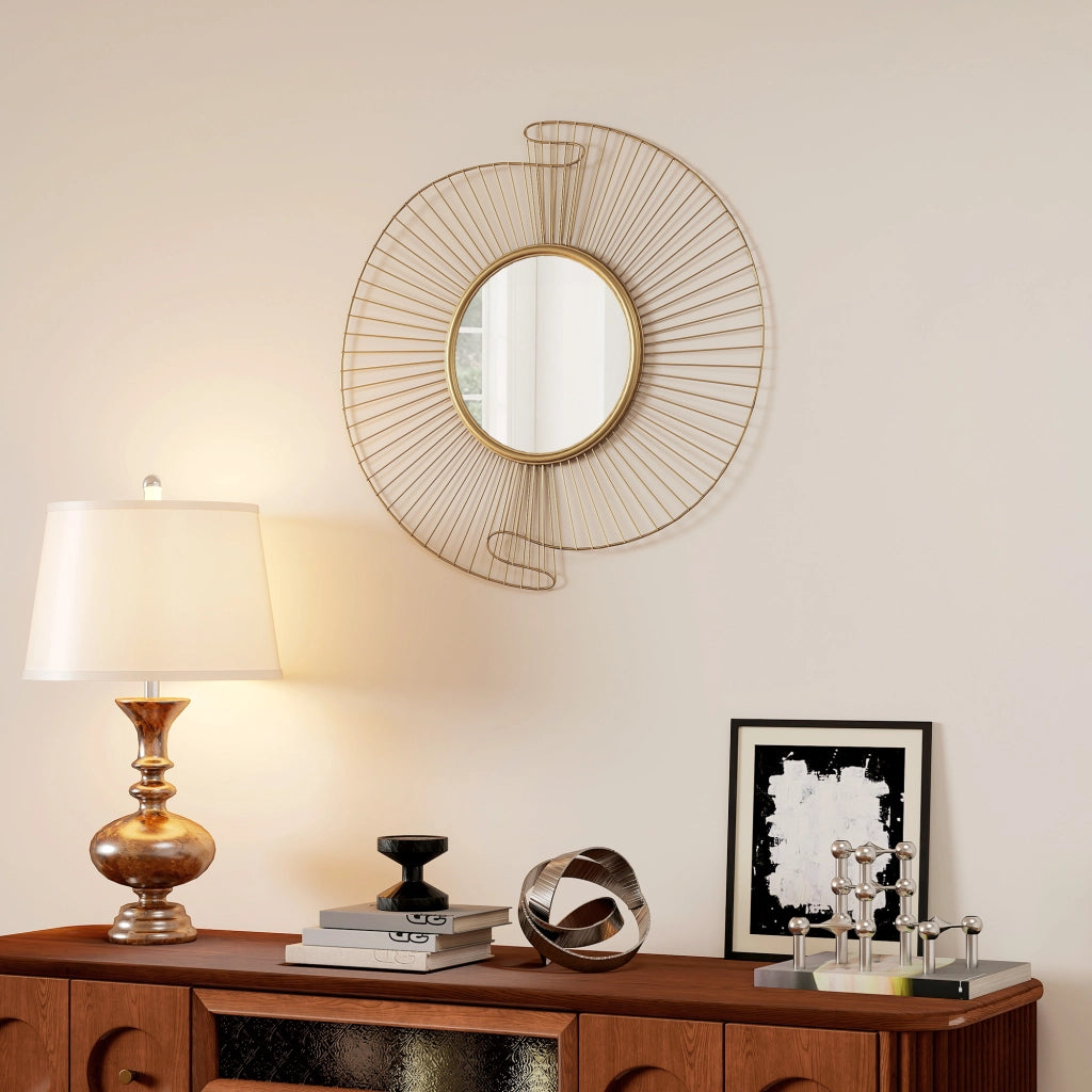 Specchio da Parete Rotondo Ø60 cm con Drappeggio in Metallo e Design Plissettato Oro