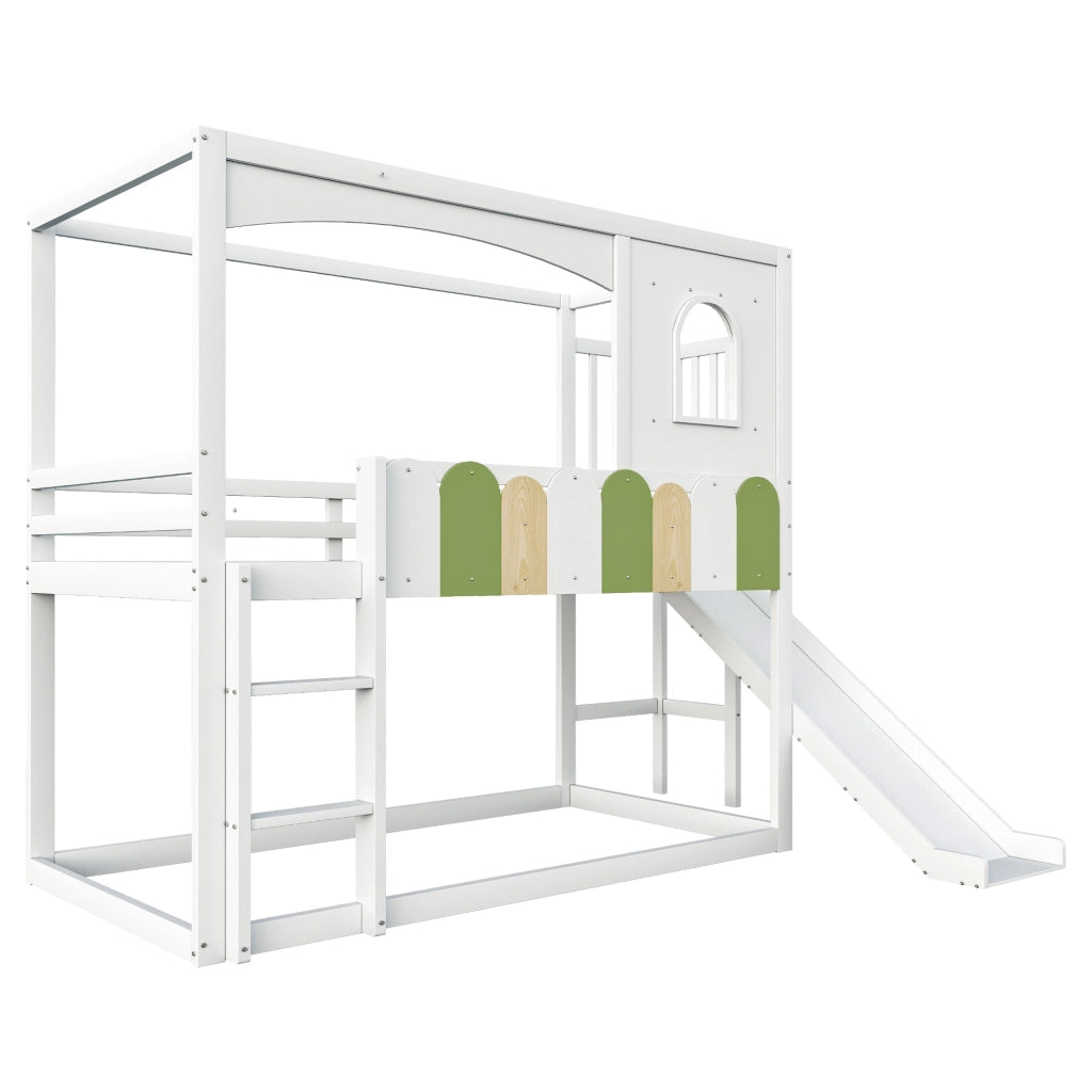 Letto a Castello Letto Singolo 90x200 cm con Rampa; Scala; Finestre; in Legno; Bianco