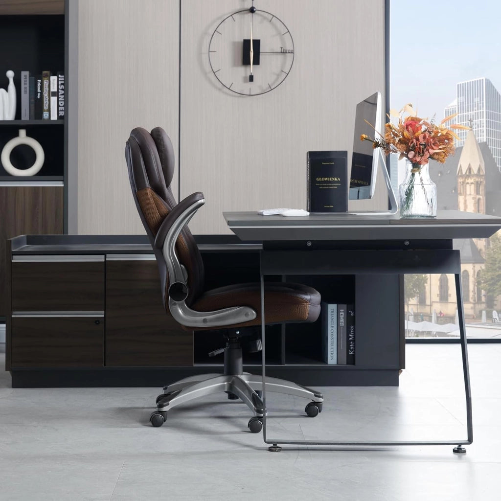 Sedia Ergonomica da Ufficio con Supporto Lombare, Poltrona Ufficio con Funzione Basculante e Braccioli Regolabili, Altezza Regolabile, PU, Nero