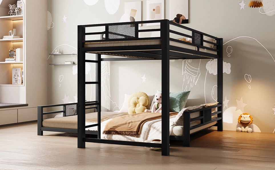 Letto a castello a L in metallo nero 90x200/140x200 con struttura robusta