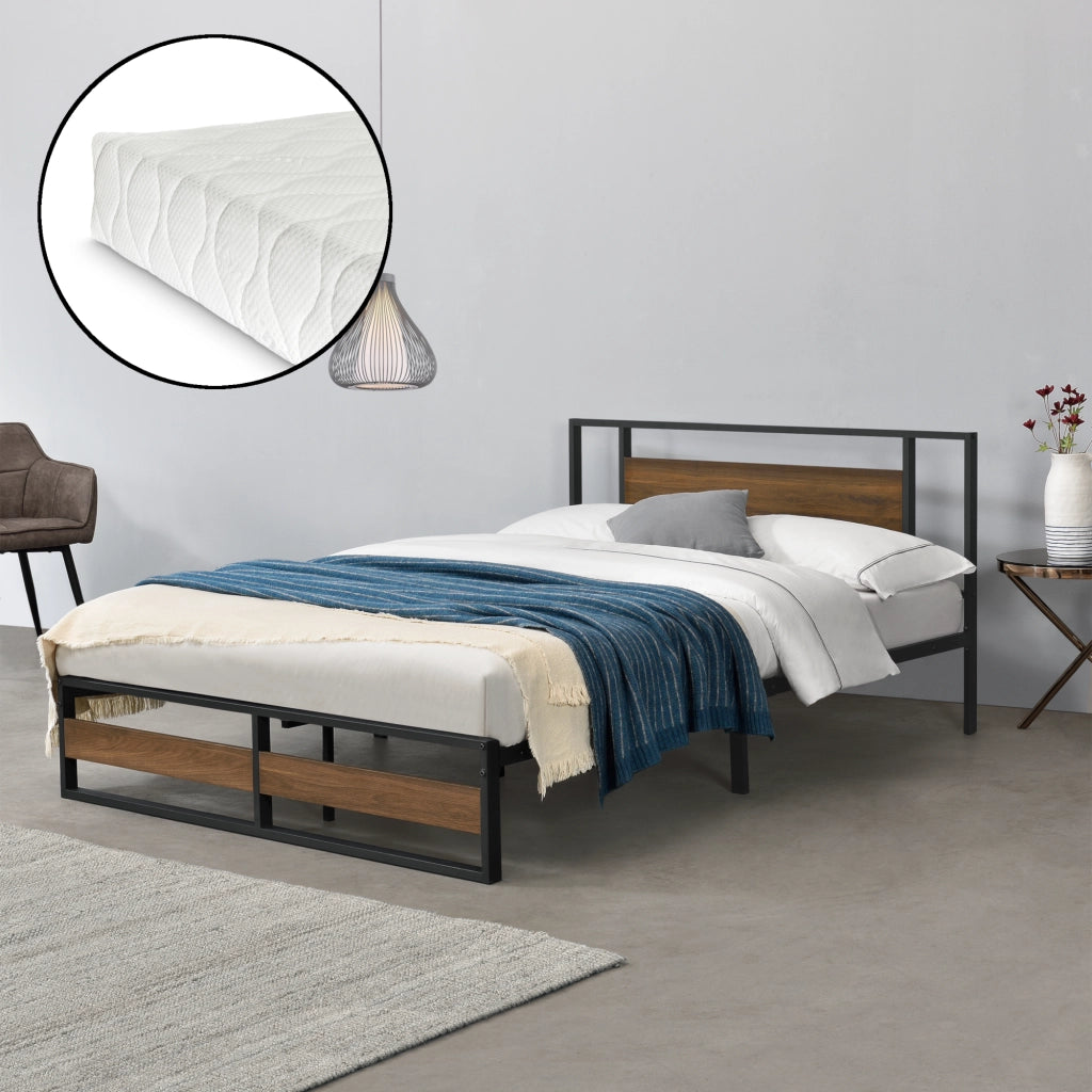 Letto in Acciaio con Materasso a Schiuma Fredda 200 x 140 cm Letto Matrimoniale/Francese in Stile Moderno con Elementi Decorativi in Effetto Legno di Color Noce  - Struttura Nera