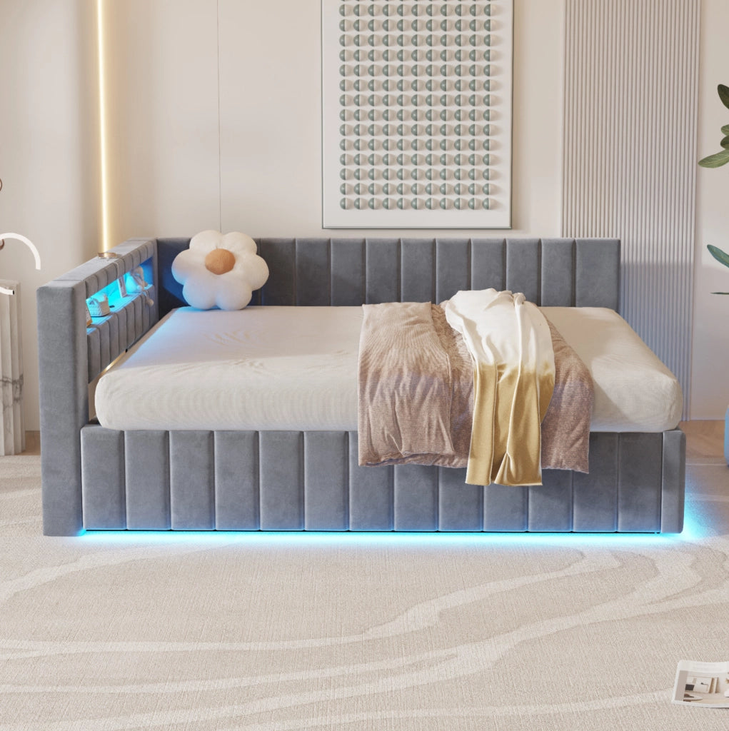 Letto imbottito 140x200 cm con contenitore, LED e USB grigio