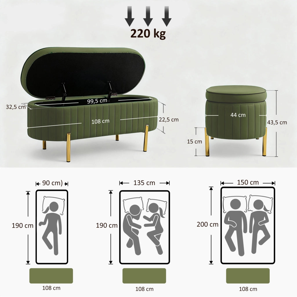 Letto contenitore con cassetti ¨C Zephmum ¨C Velluto verde scuro 108x44x43,5 cm