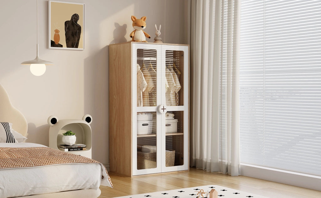 Armadio combinato 80 × 50 × 150 cm con 4 cassetti, ripiani regolabili e asta appendiabiti, MDF, naturale e bianco
