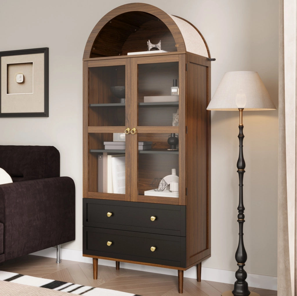 Sideboard contenitore con ripiani regolabili 70x38x165 cm in MDF e vetro; finitura noce