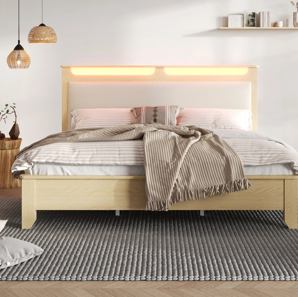 Letto matrimoniale 180x200 cm in legno effetto rovere con testiera in corduroy beige; LED e vano contenitore