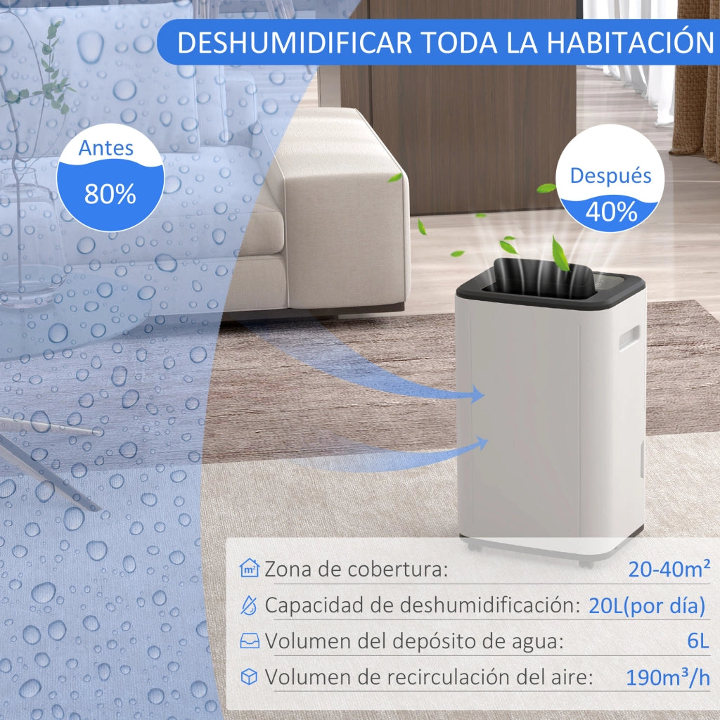Deumidificatore Elettrico ¨C Xylo ¨C 20L/giorno, Serbatoio 6L, 3 Modalit¨¤, Timer, 33,5x26x53cm, Bianco