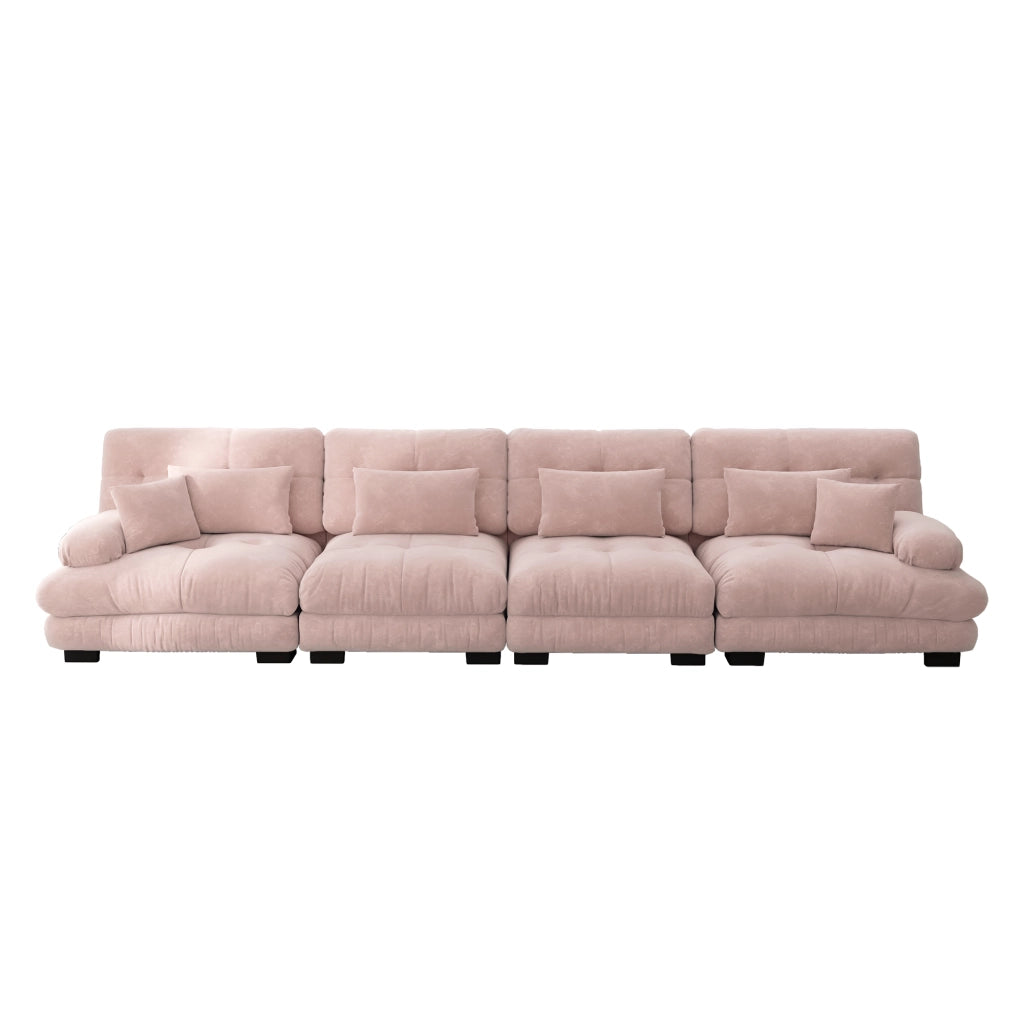 Divano angolare modulare 4 posti con seduta profonda e cuscini in chenille rosa per soggiorno e ufficio moderno