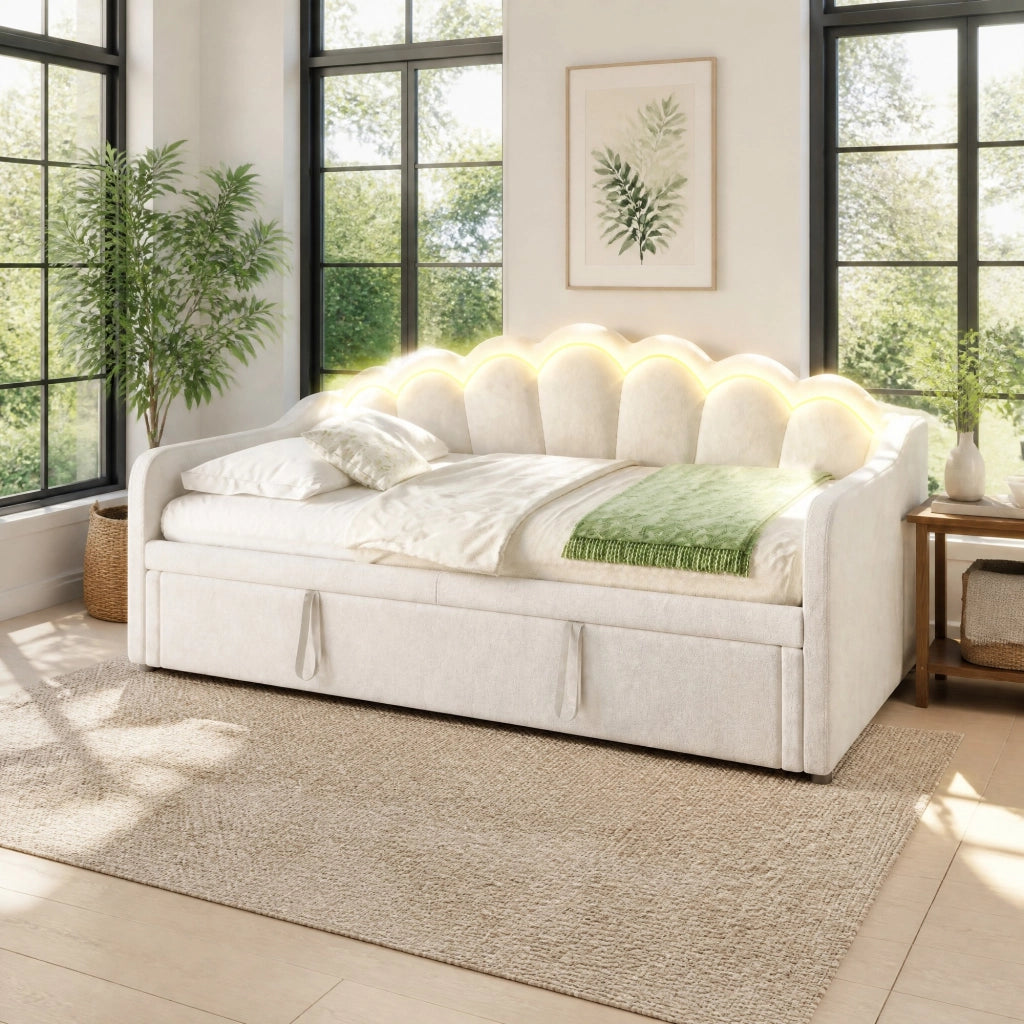 Letto estraibile singolo 90×200 cm e 180×200 cm con LED regolabile; senza materasso; velluto; beige