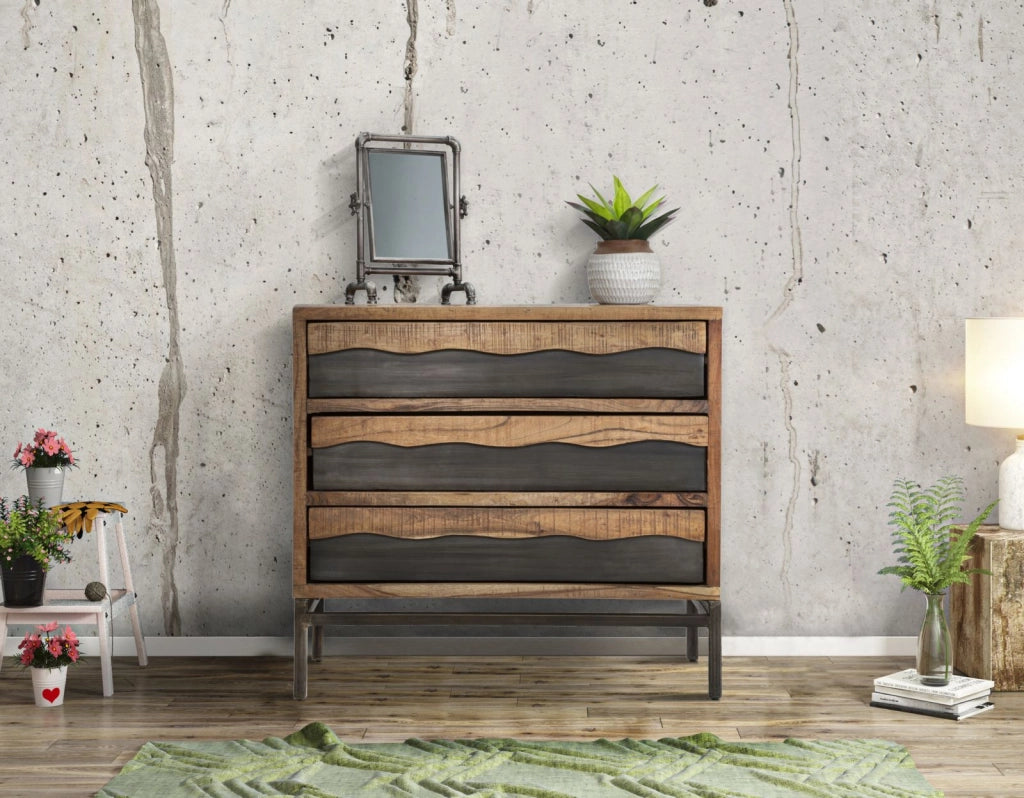 Comò Yellowstone 88x45x80 cm in Legno di Acacia e in Ferro Marrone e Nero