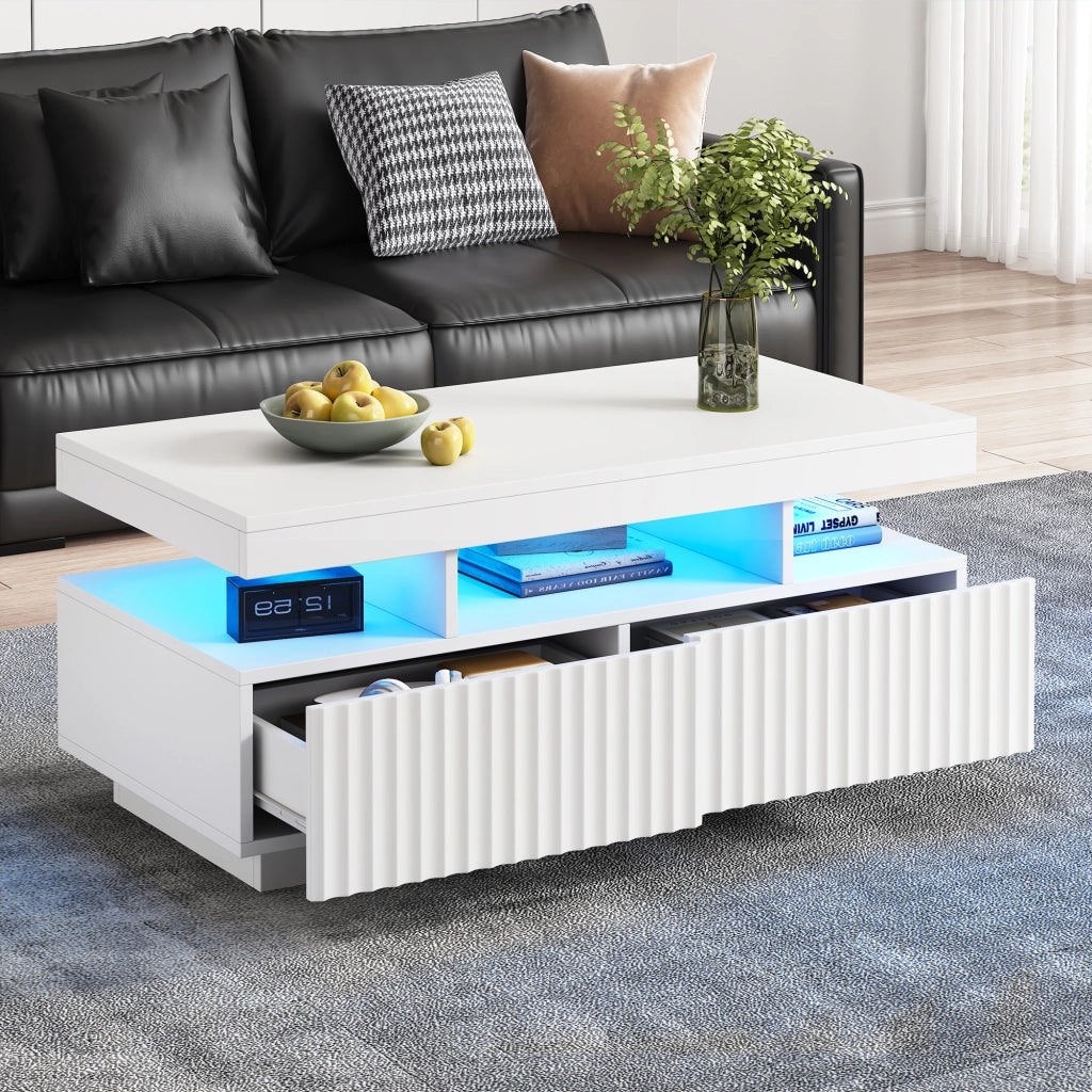 Tavolino da caffè con 2 cassetti; vano aperto e striscia LED - per soggiorno - 100×50×45 cm - in truciolare - bianco