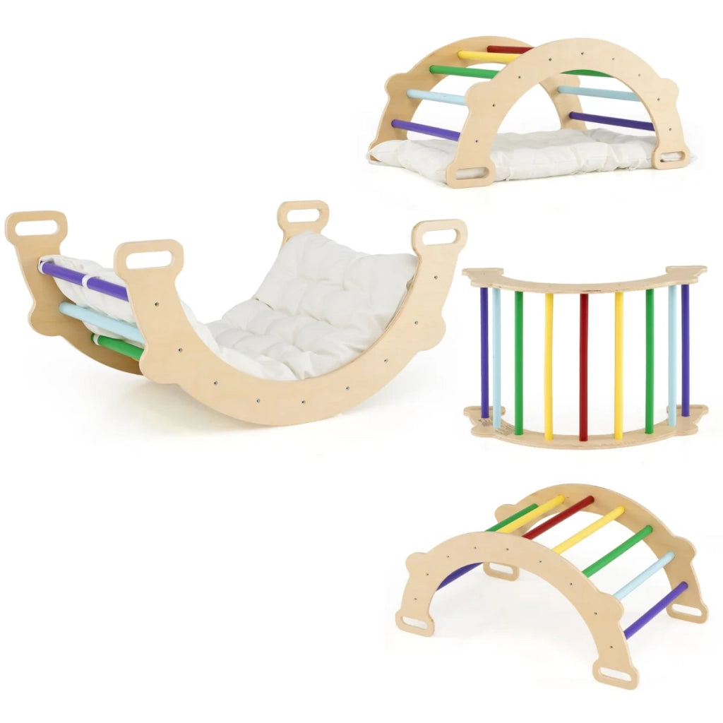 Arco da arrampicata per bambini 3 in 1 81 x 50,5 x 38 cm con cuscino rimovibile e sicurezza rinforzata in legno multicolore 20_0016295
