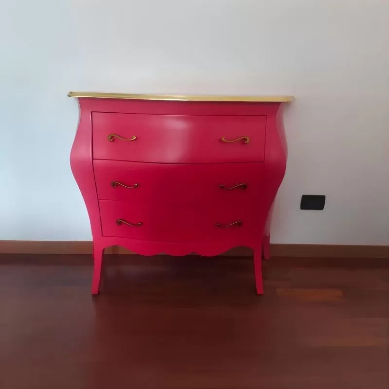 Cassettiera shabby 3 cassetti legno laccato rosso lampone filo oro 118x50x85 - Mobili 2G