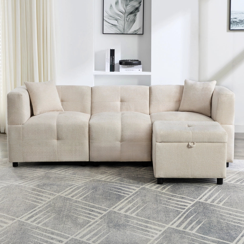 Divano modulare a 3 posti in chenille beige con poggiapiedi contenitore e 2 cuscini