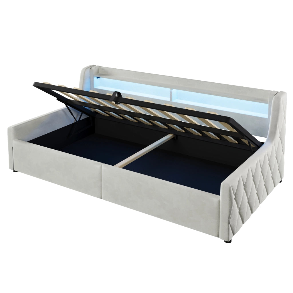 Letto Contenitore Singolo 90x200 cm; LED e Contenitore - in Flanella - Off White
