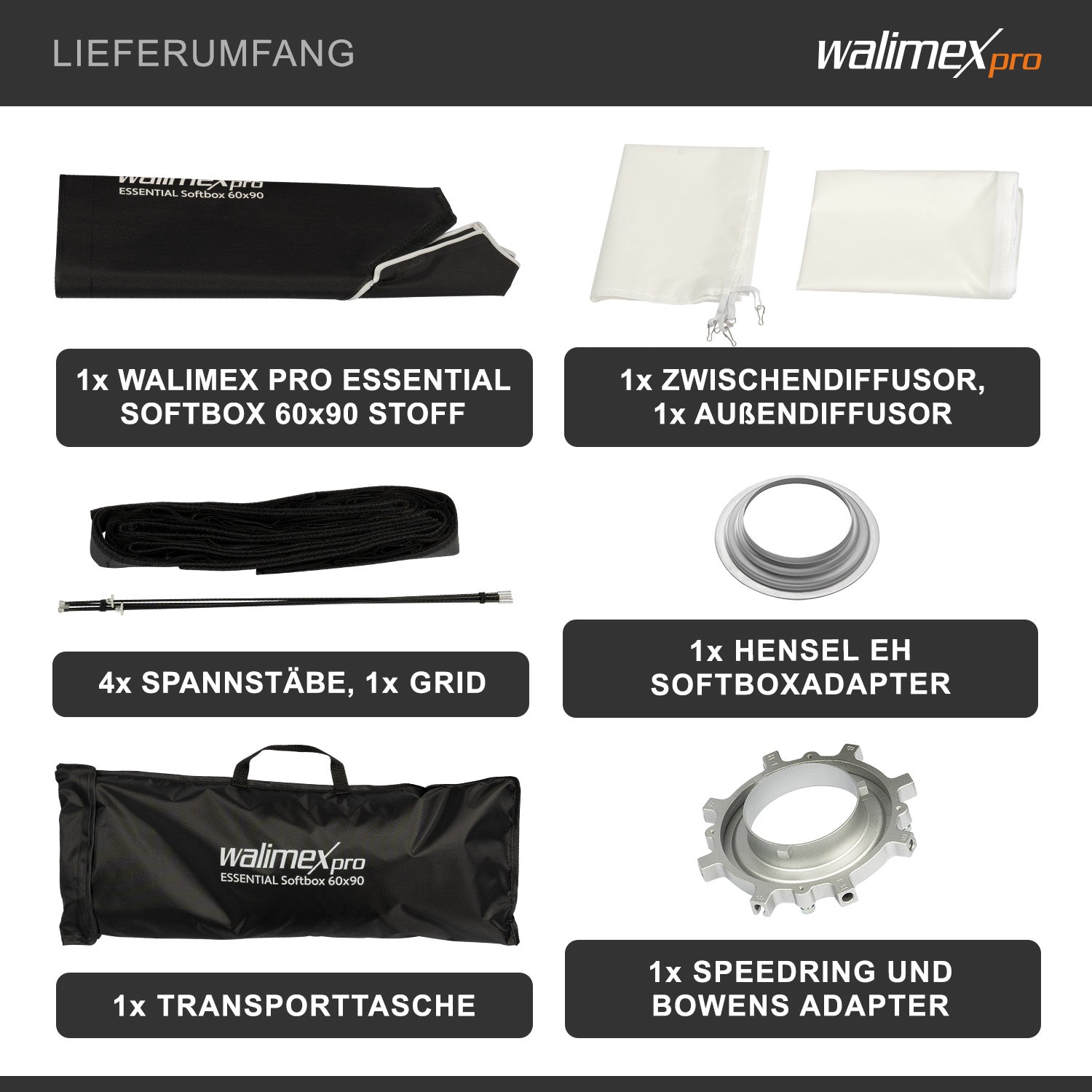 Essential Softbox 60x90cm + adattatore softbox per Hensel Expert, ruotabile a 360°, facile da montare, inclusa griglia, adattatore Bowens e borsa per il trasporto