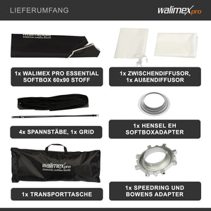 Essential Softbox 60x90cm + adattatore softbox per Hensel Expert, ruotabile a 360°, facile da montare, inclusa griglia, adattatore Bowens e borsa per il trasporto