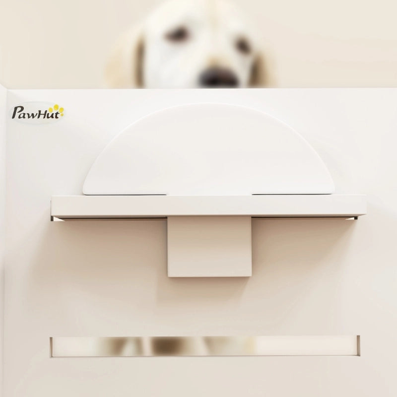 Ciotola rialzata per cani con doppio lato e 3 altezze regolabili, tappetino antiingozzamento, in MDF bianco 63 × 58,5 × 40 cm