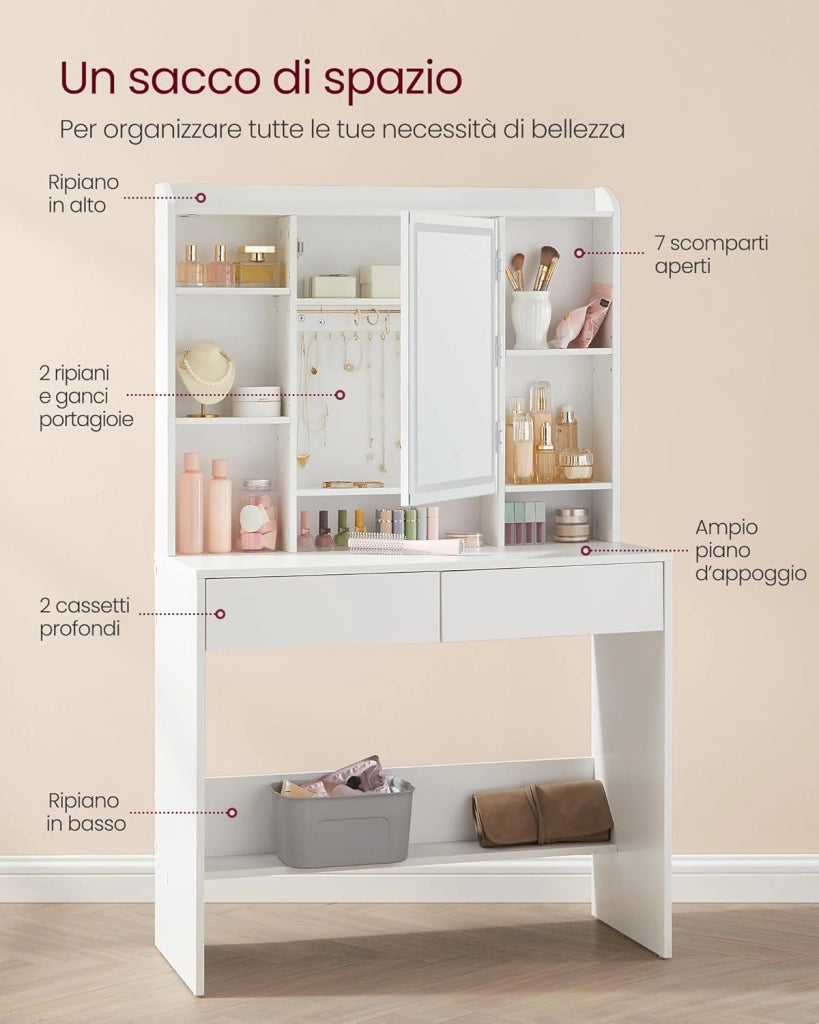 VASAGLE KAILYN Collezione - Toeletta con Luci LED 3 Colorazioni con LuminositàRegolabile, Tavolo da Trucco con Specchio, Ripiani Regolabili, 2 Cassetti, Postazione Trucco, Bianco RDT123T14