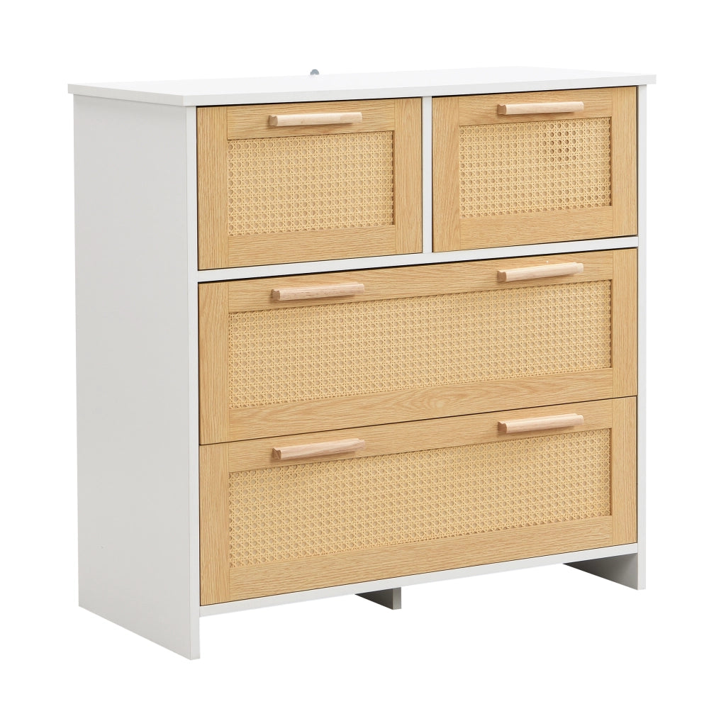Cassettiera in rattan naturale a 4 cassetti con struttura in MDF, 80¡Á80¡Á38 cm, colore naturale e bianco