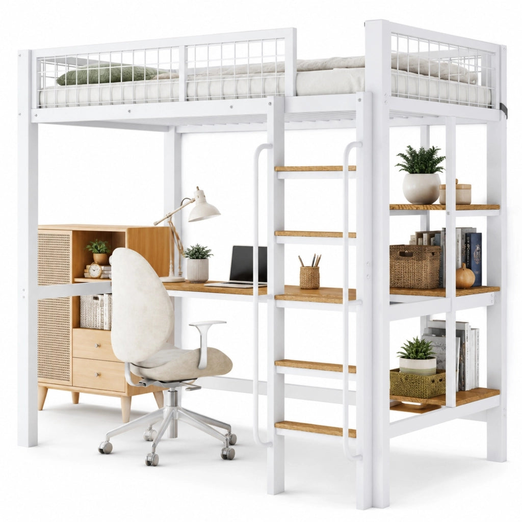 Letto a soppalco 90x200 cm con scrivania e ripiani; metallo e legno; bianco e naturale