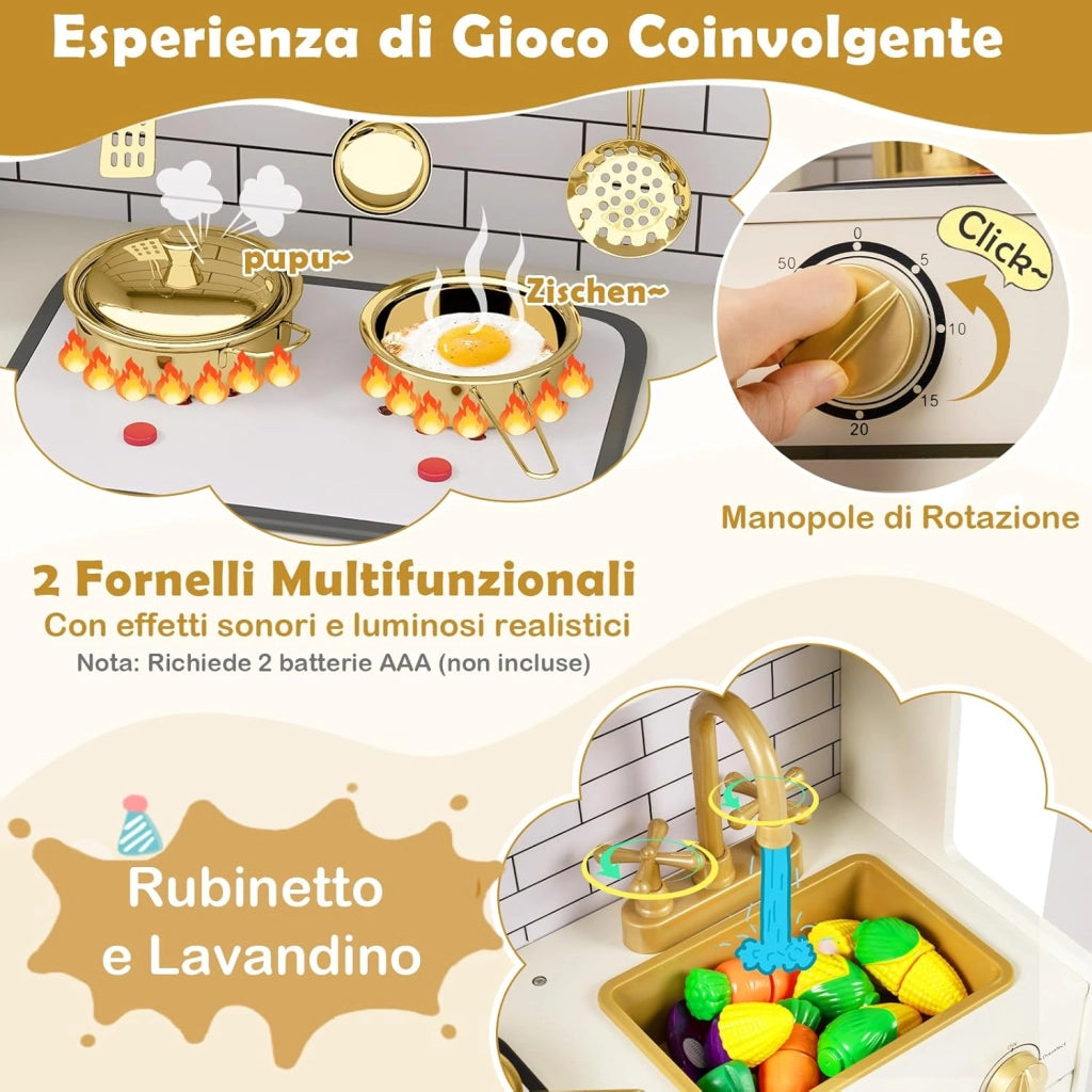 Cucina Giocattolo per Bambini, Set Cucina Gioco in Legno con Macchina per Ghiaccio, Caffettiera, Lavastoviglie e Accessori, Luci e Suoni, Regalo di Ruolo per Bambini 3+ Anni