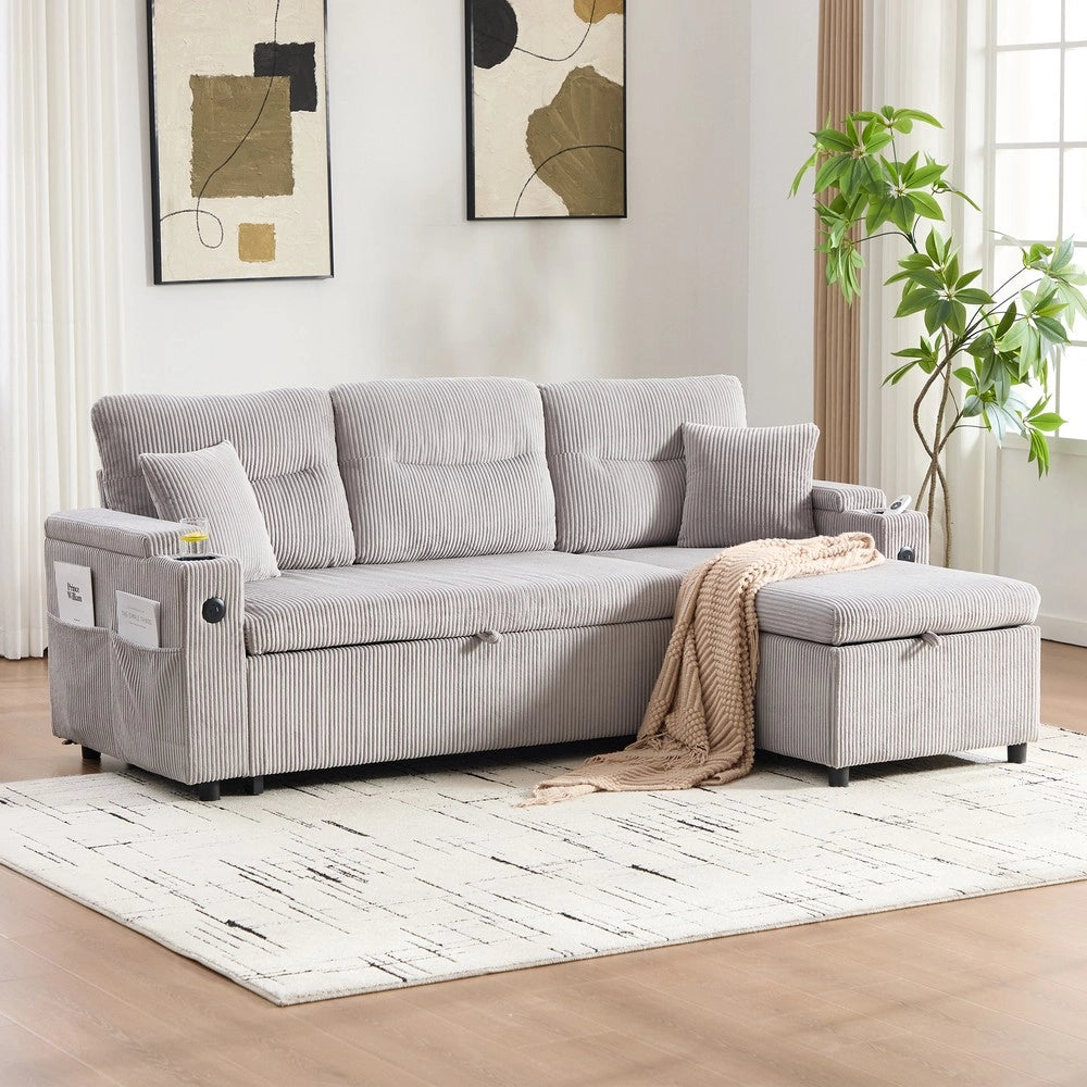 Divano 3 posti con contenitore e chaise longue ¨C Minimal ¨C Grigio corda, idraulico, con porta bevande e USB-C