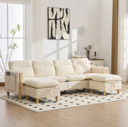 Divano modulare 4 posti con 2 pouf contenitore in ciniglia beige HOMVRA